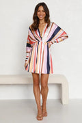 Autumn V neck Long Sleeve Color Striped Slim Dress for Women