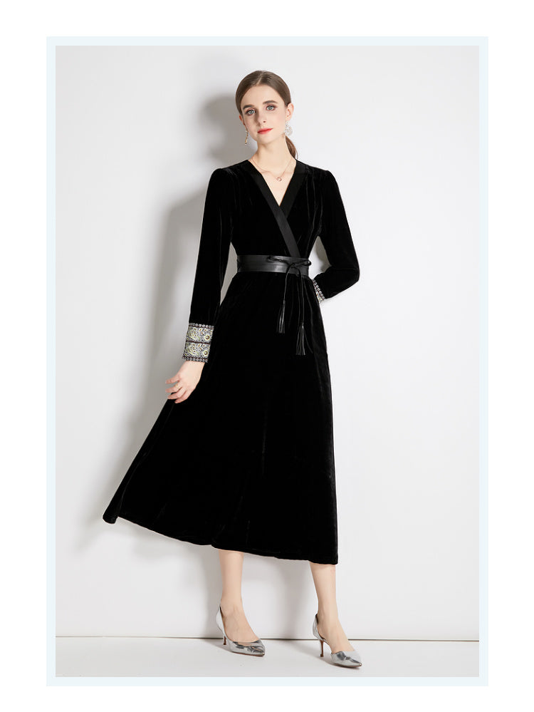 Women Fall Winter Long Sleeve V Neck A Line Midi Dress