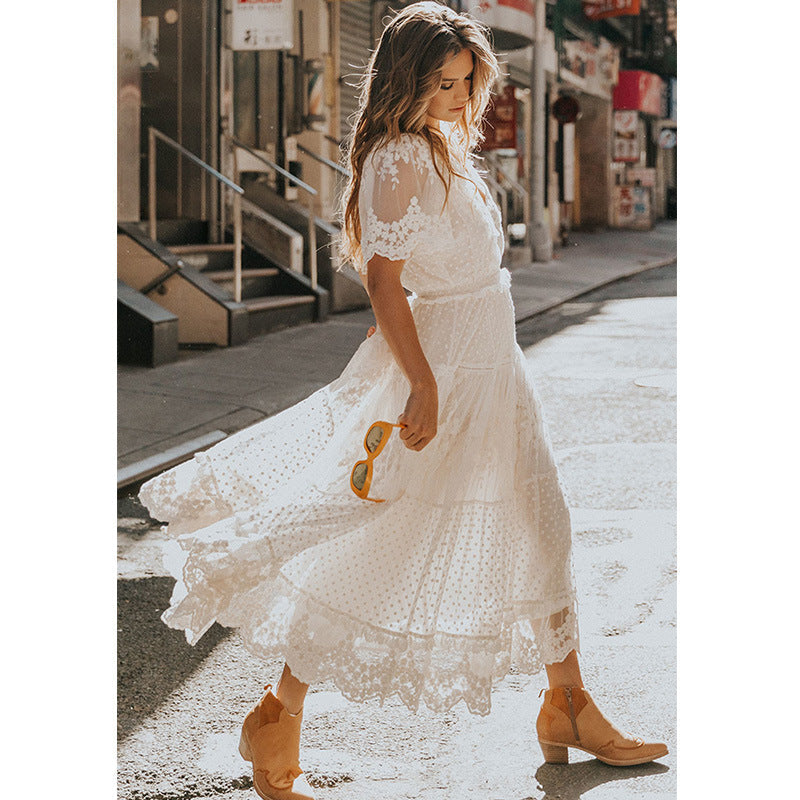 Summer Women Wear V neck Short Sleeve Lace Dress