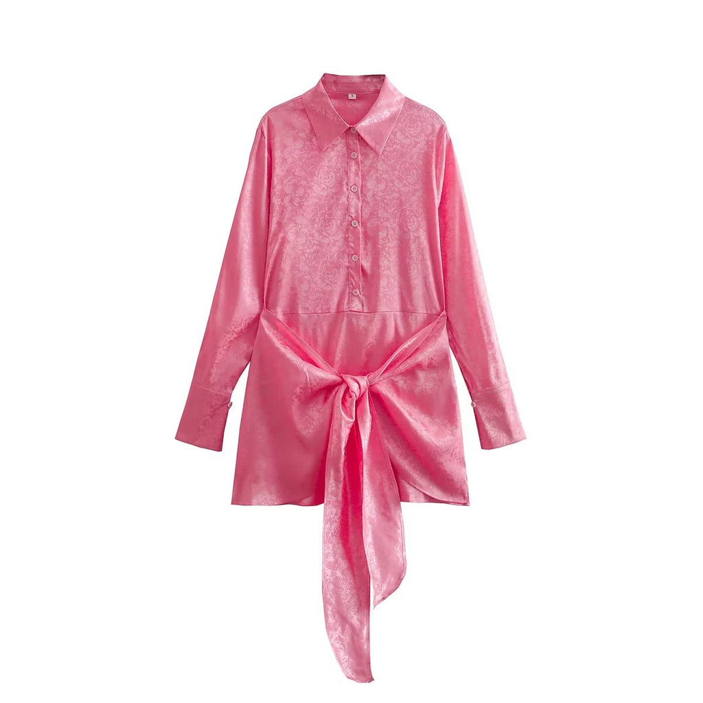 Autumn Women Clothing Surface Jacquard Waist Lace up Office Shirt
