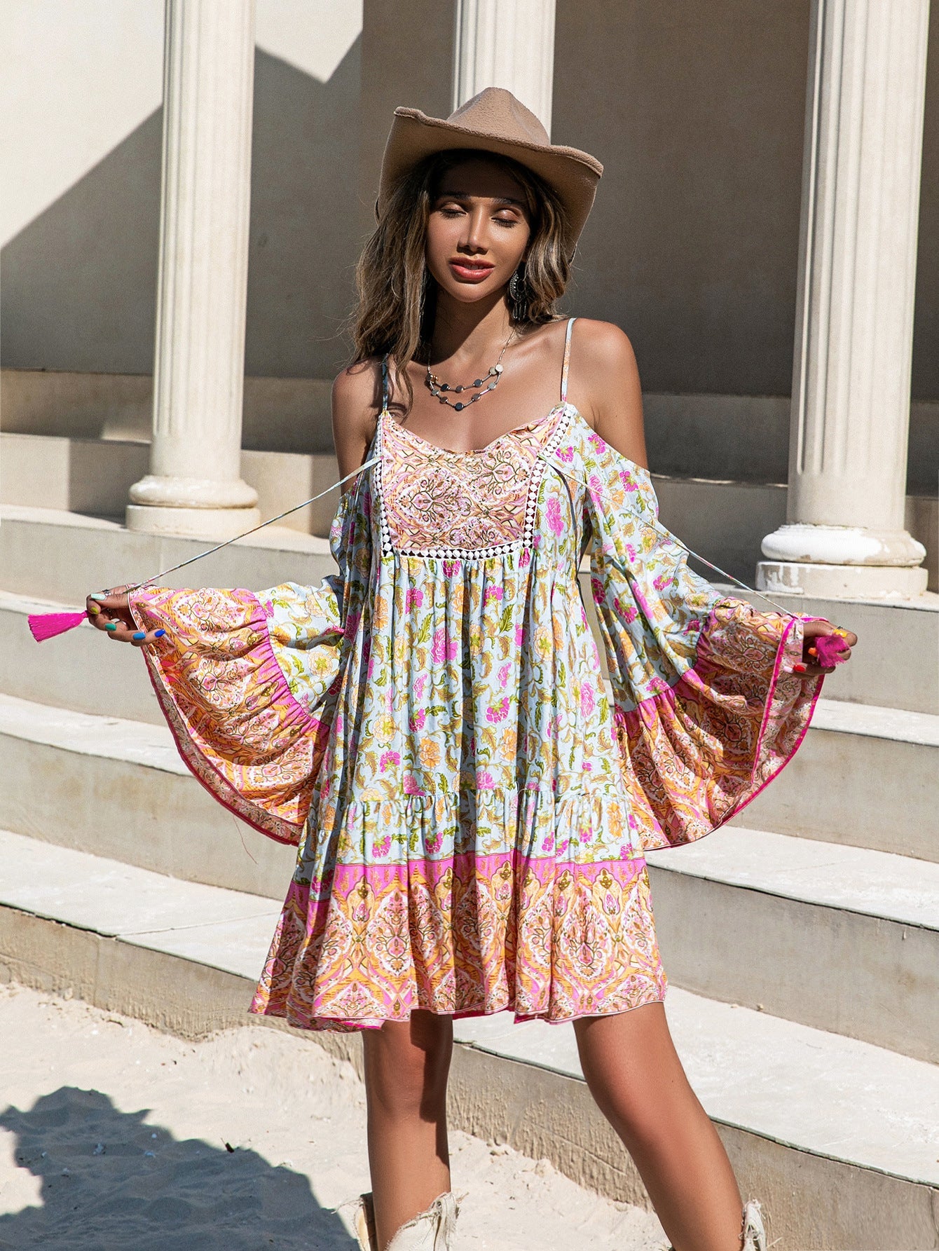 Loose Printed Off Shoulder Tassel Dress Vacation