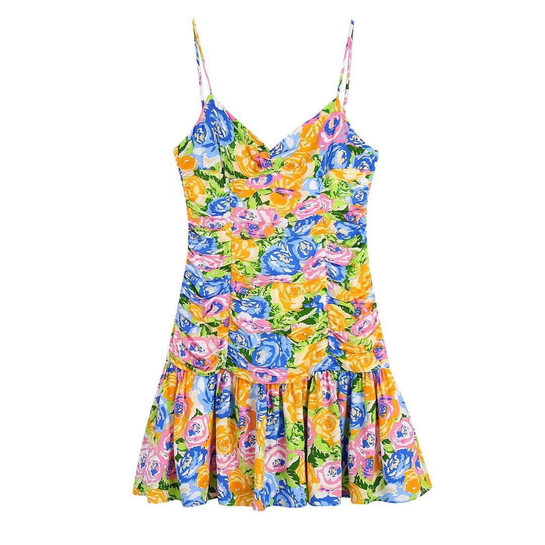 Summer Small Fresh V neck Yellow Printings Pleated Dress for Women