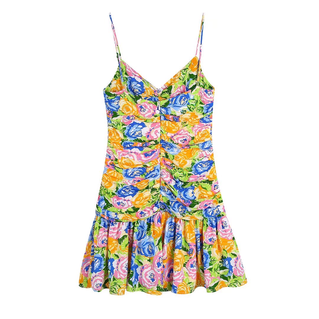 Summer Small Fresh V neck Yellow Printings Pleated Dress for Women