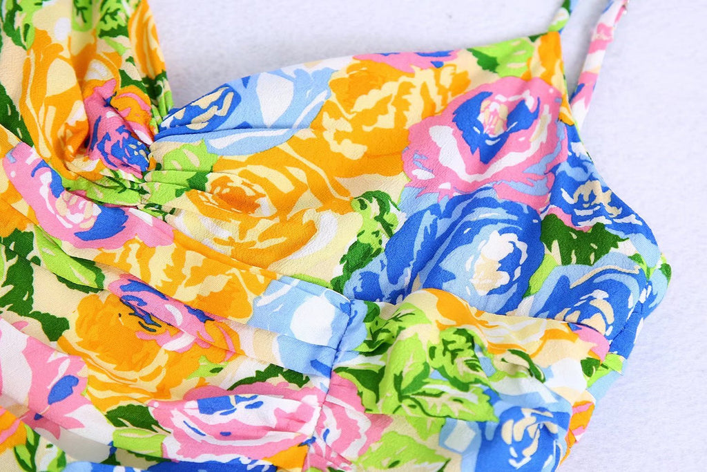 Summer Small Fresh V neck Yellow Printings Pleated Dress for Women