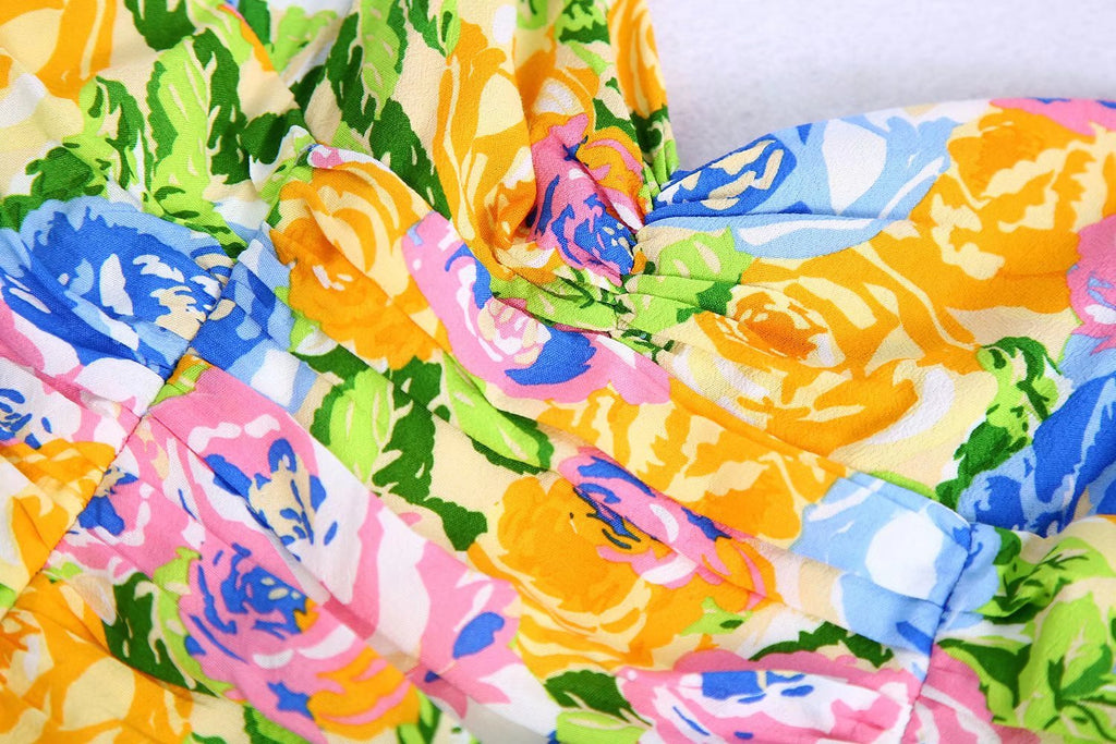 Summer Small Fresh V neck Yellow Printings Pleated Dress for Women