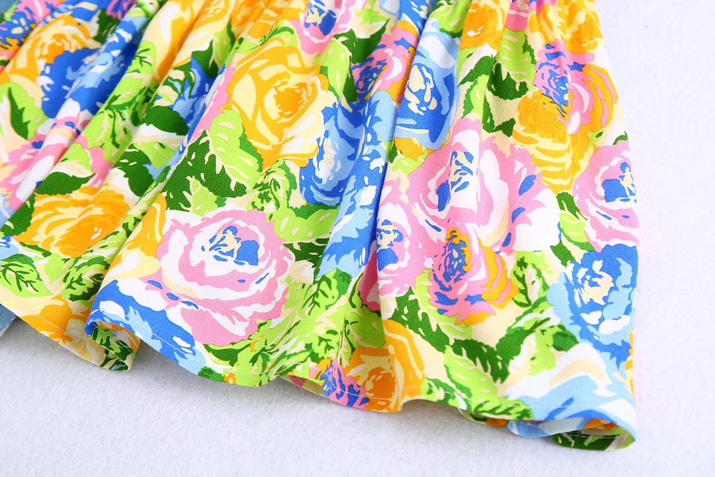 Summer Small Fresh V neck Yellow Printings Pleated Dress for Women