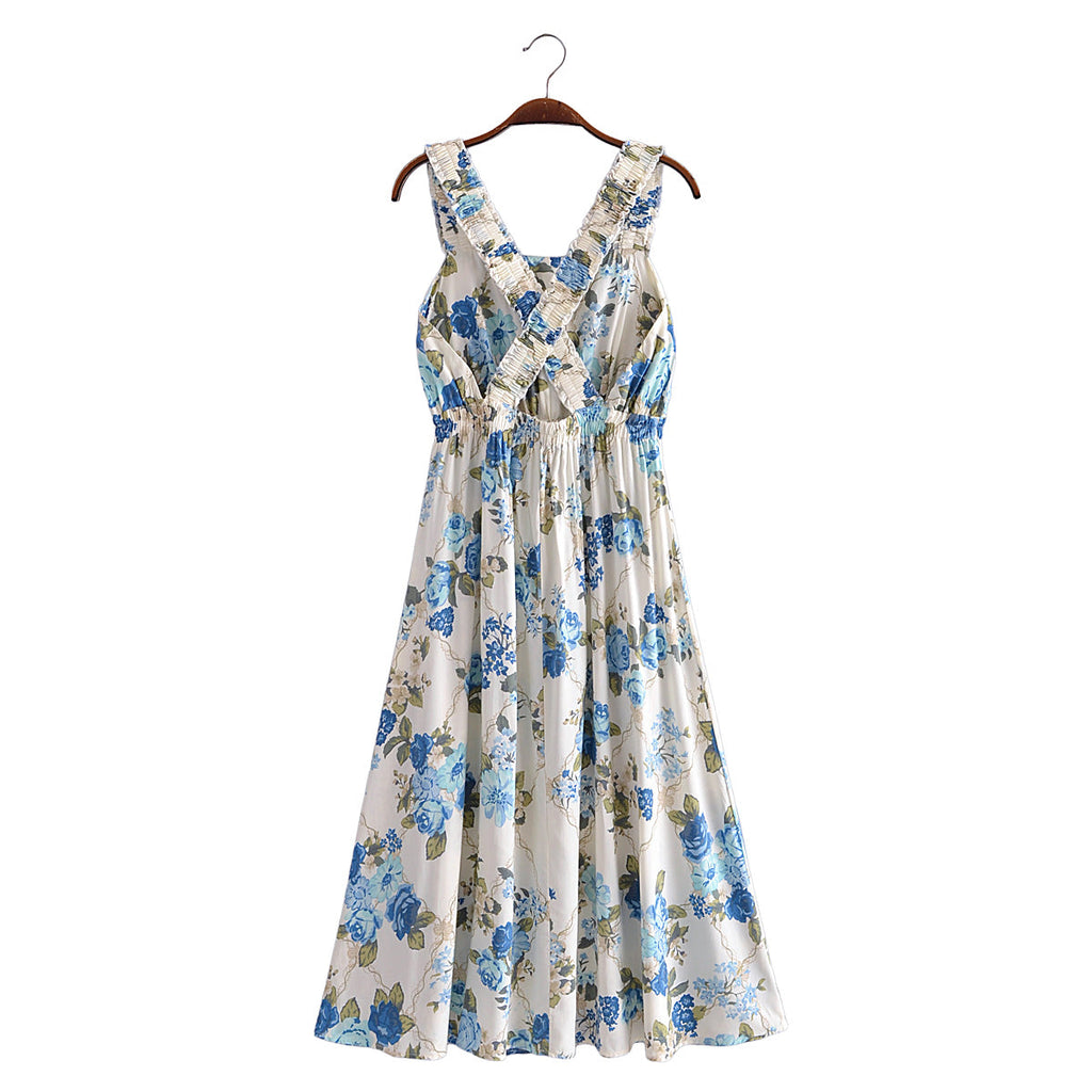 Vacation Summer Cross Backless Rayon Printing Slip Dress