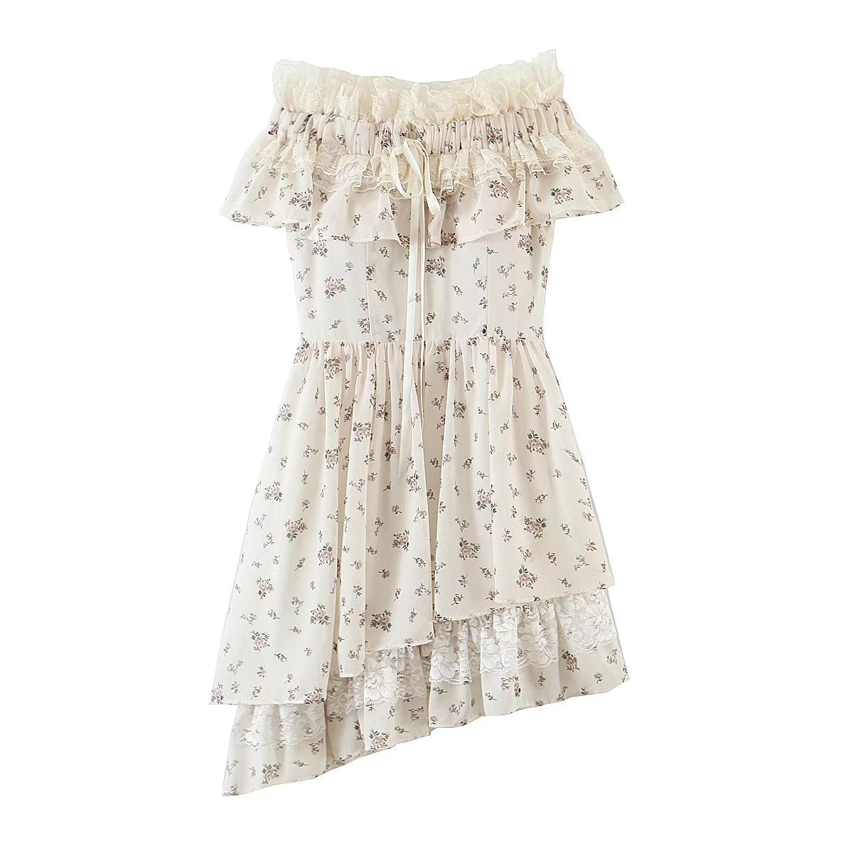 Summer Vietnam Brand Fresh Sweet Floral off Neck Wooden Ear Irregular Asymmetric Swing Holiday Dress