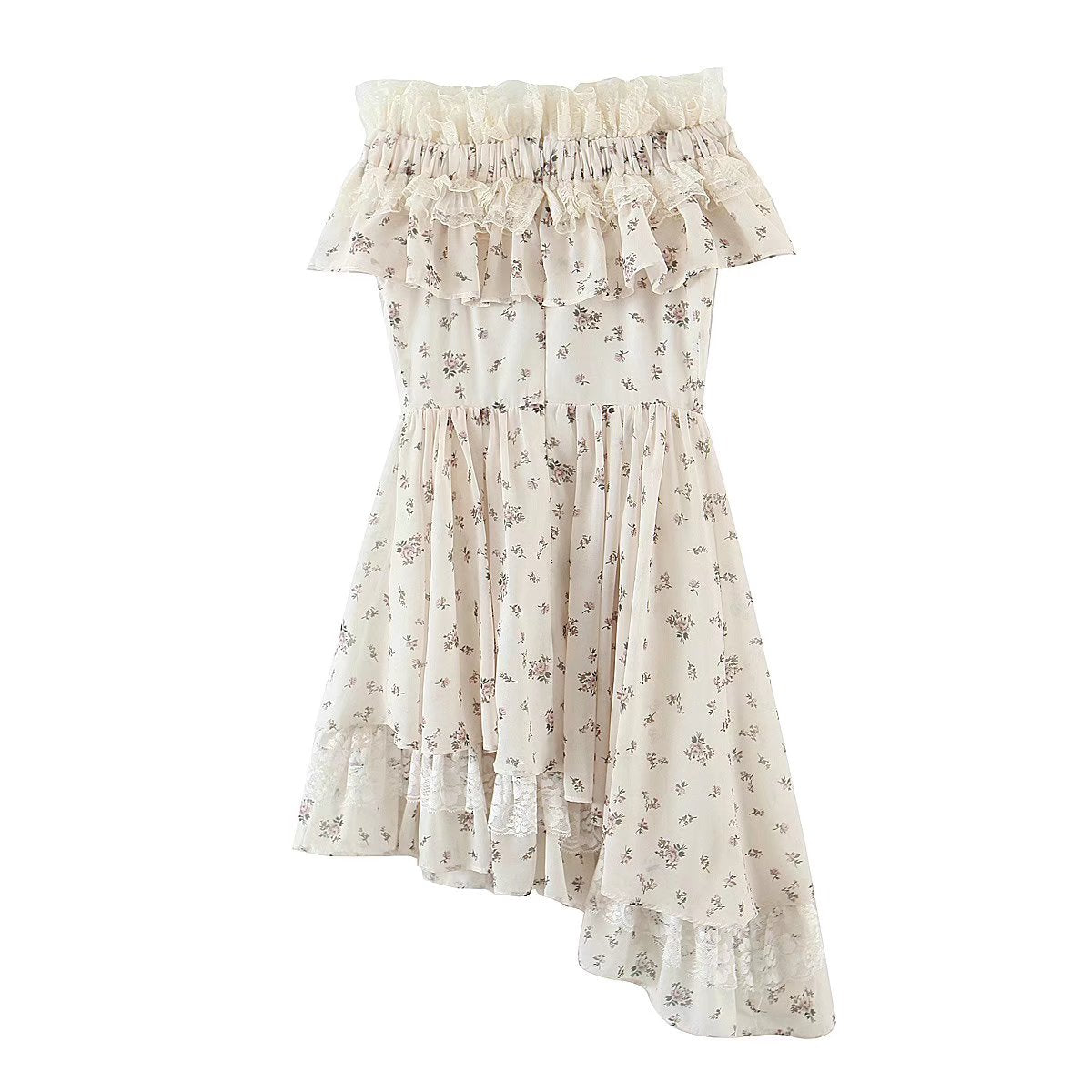 Summer Vietnam Brand Fresh Sweet Floral off Neck Wooden Ear Irregular Asymmetric Swing Holiday Dress