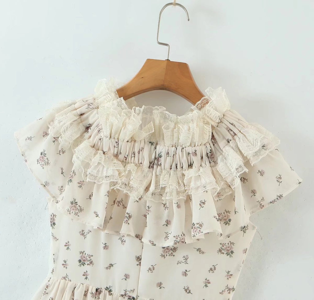 Summer Vietnam Brand Fresh Sweet Floral off Neck Wooden Ear Irregular Asymmetric Swing Holiday Dress