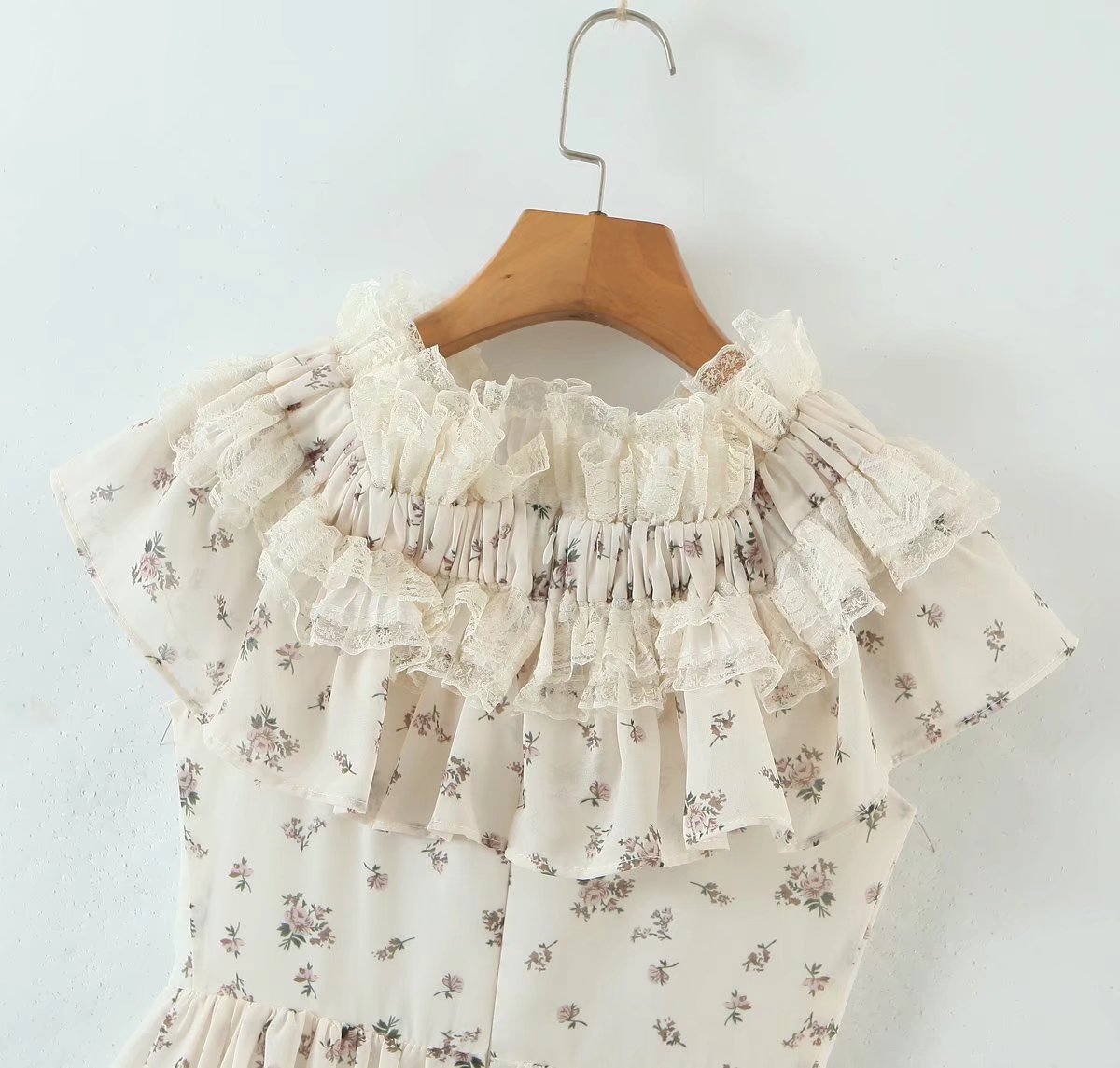 Summer Vietnam Brand Fresh Sweet Floral off Neck Wooden Ear Irregular Asymmetric Swing Holiday Dress