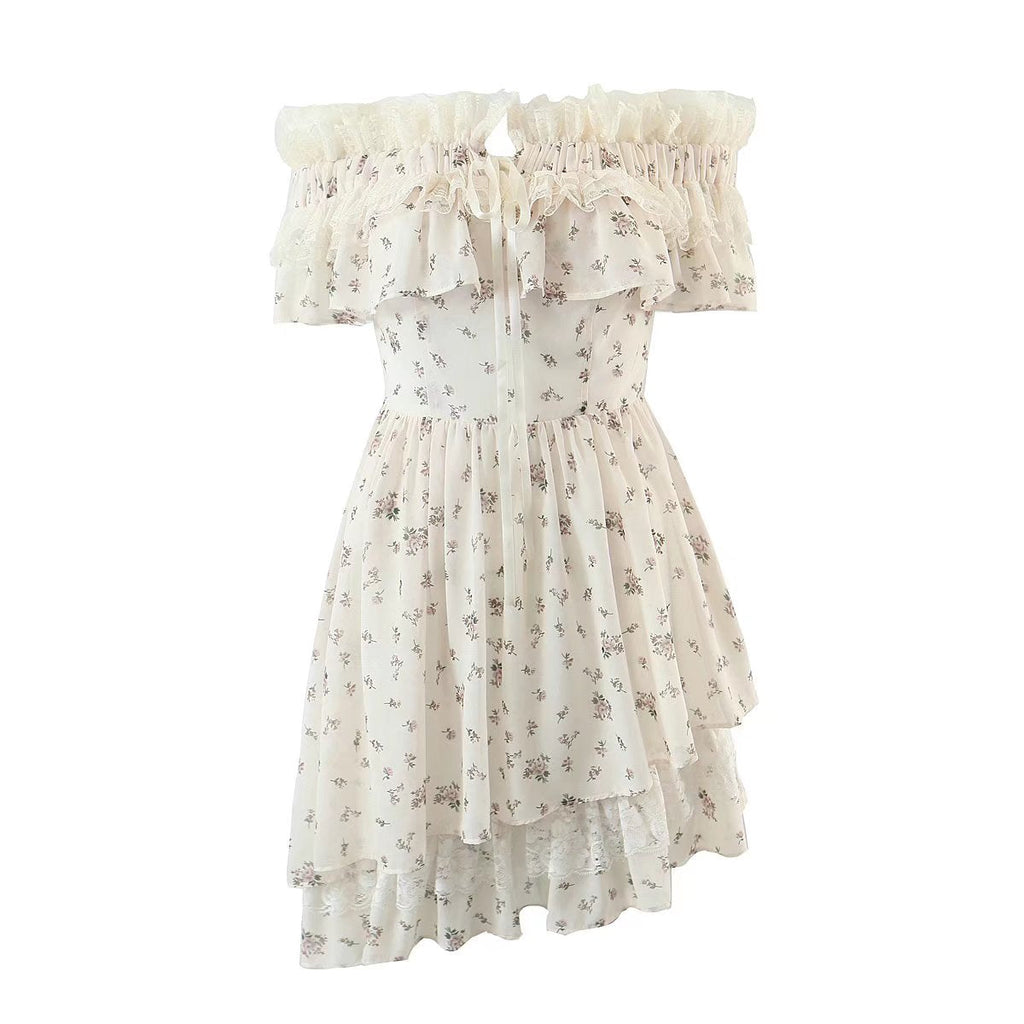 Summer Vietnam Brand Fresh Sweet Floral off Neck Wooden Ear Irregular Asymmetric Swing Holiday Dress