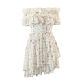 Summer Vietnam Brand Fresh Sweet Floral off Neck Wooden Ear Irregular Asymmetric Swing Holiday Dress