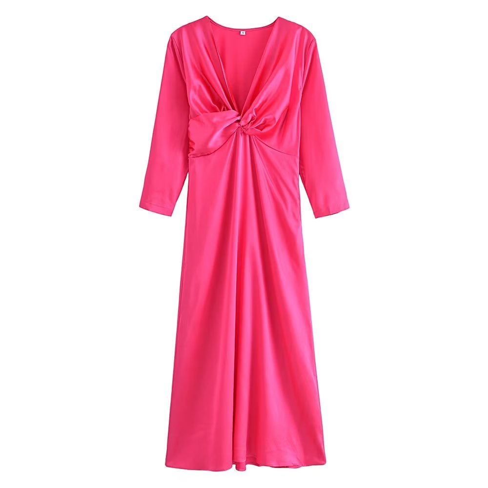 Fall Women Clothing V neck Silk Forged Texture Bow Tie Elastic Sleeve Dress