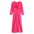 Fall Women Clothing V neck Silk Forged Texture Bow Tie Elastic Sleeve Dress
