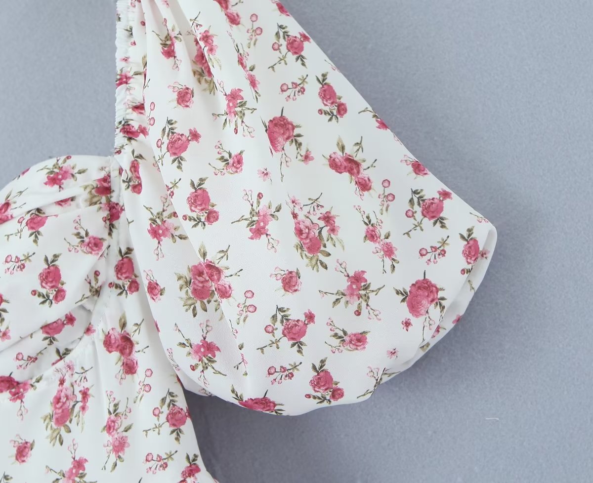 Women Clothing Summer Spicy Puff Sleeve Sexy Pink Printing Waist Dress