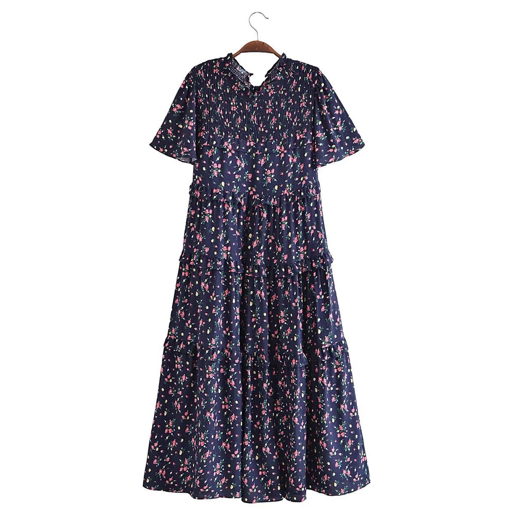 Autumn Women Clothing Printed Lace up Elastic Tiered Dress