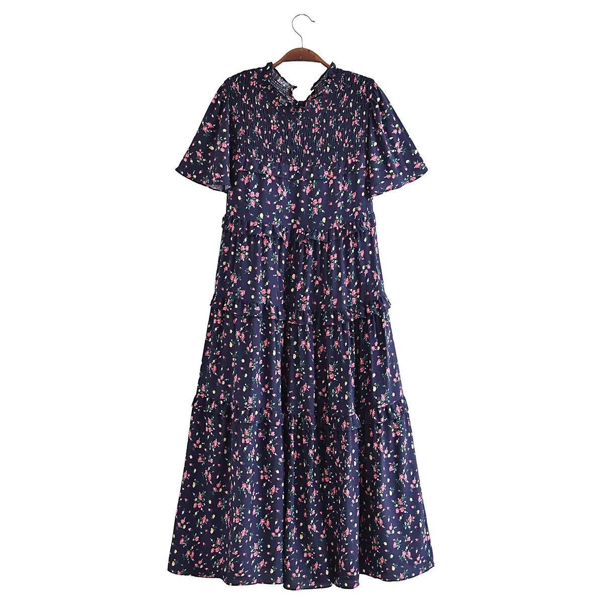 Autumn Women Clothing Printed Lace up Elastic Tiered Dress