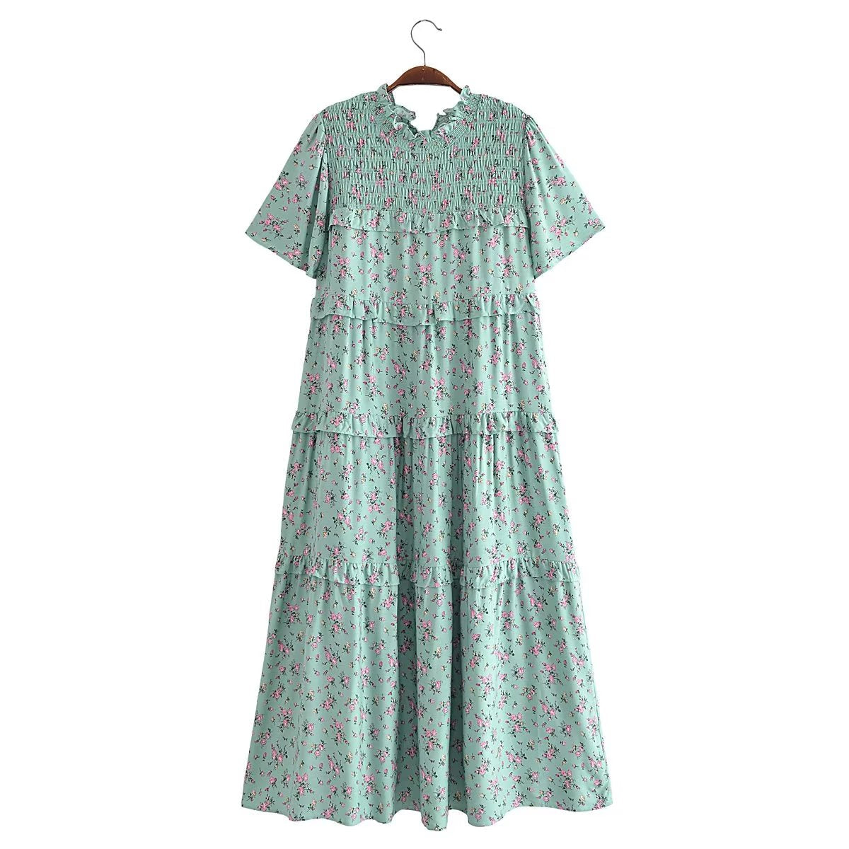 Autumn Women Clothing Printed Lace up Elastic Tiered Dress