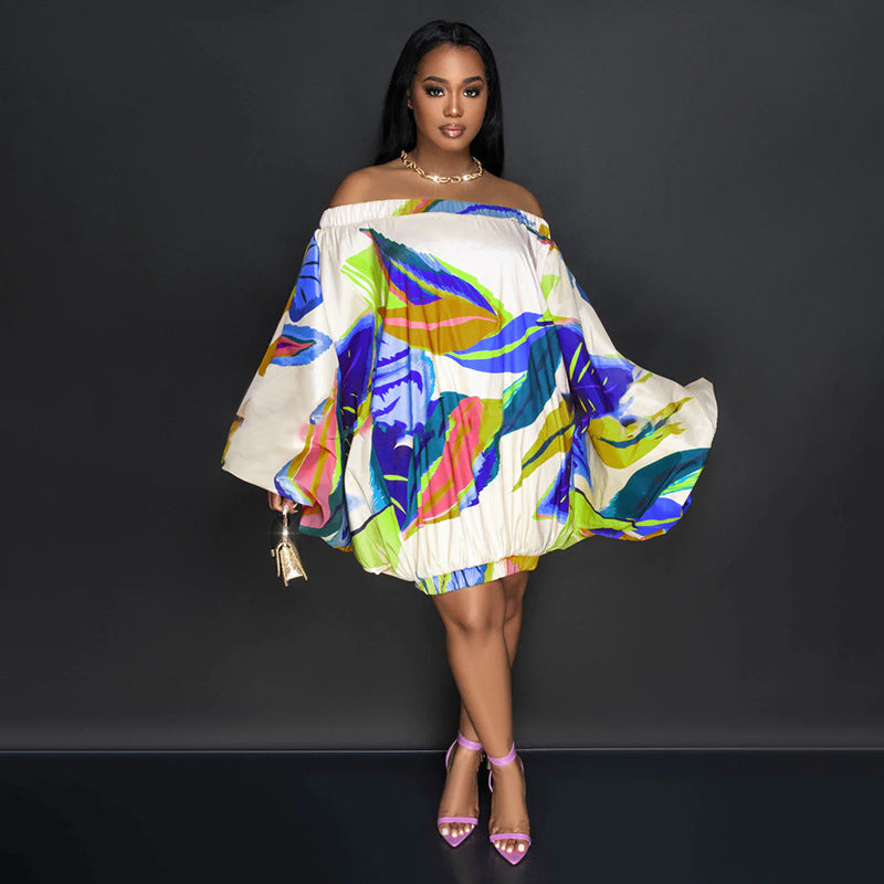 Spring Summer Off Shoulder Loose Elastic Printing Batwing Shirt Long Sleeve Dress