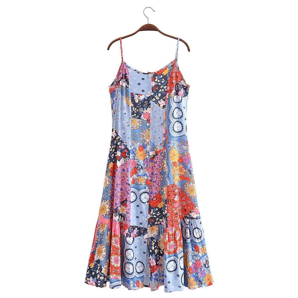 Spring Summer Elegant Women Clothing Strap Type Sleeveless V neck Swing Dress