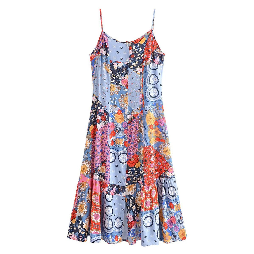 Spring Summer Elegant Women Clothing Strap Type Sleeveless V neck Swing Dress