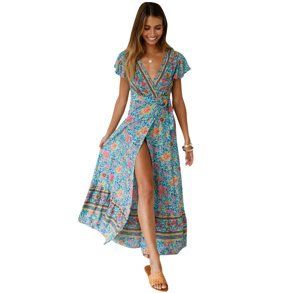 Spot Summer Casual Holiday Floral Print Dress Sexy Dress Women Clothing Wrap Dress