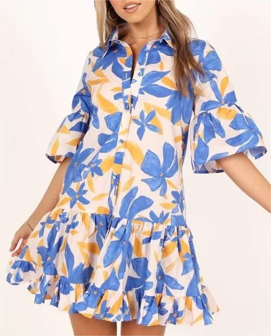 Women Spring Women Blue Big Floral Short Sleeve Dress