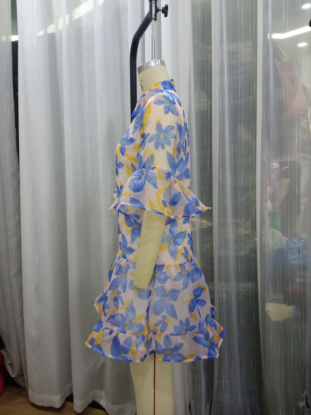 Women Spring Women Blue Big Floral Short Sleeve Dress