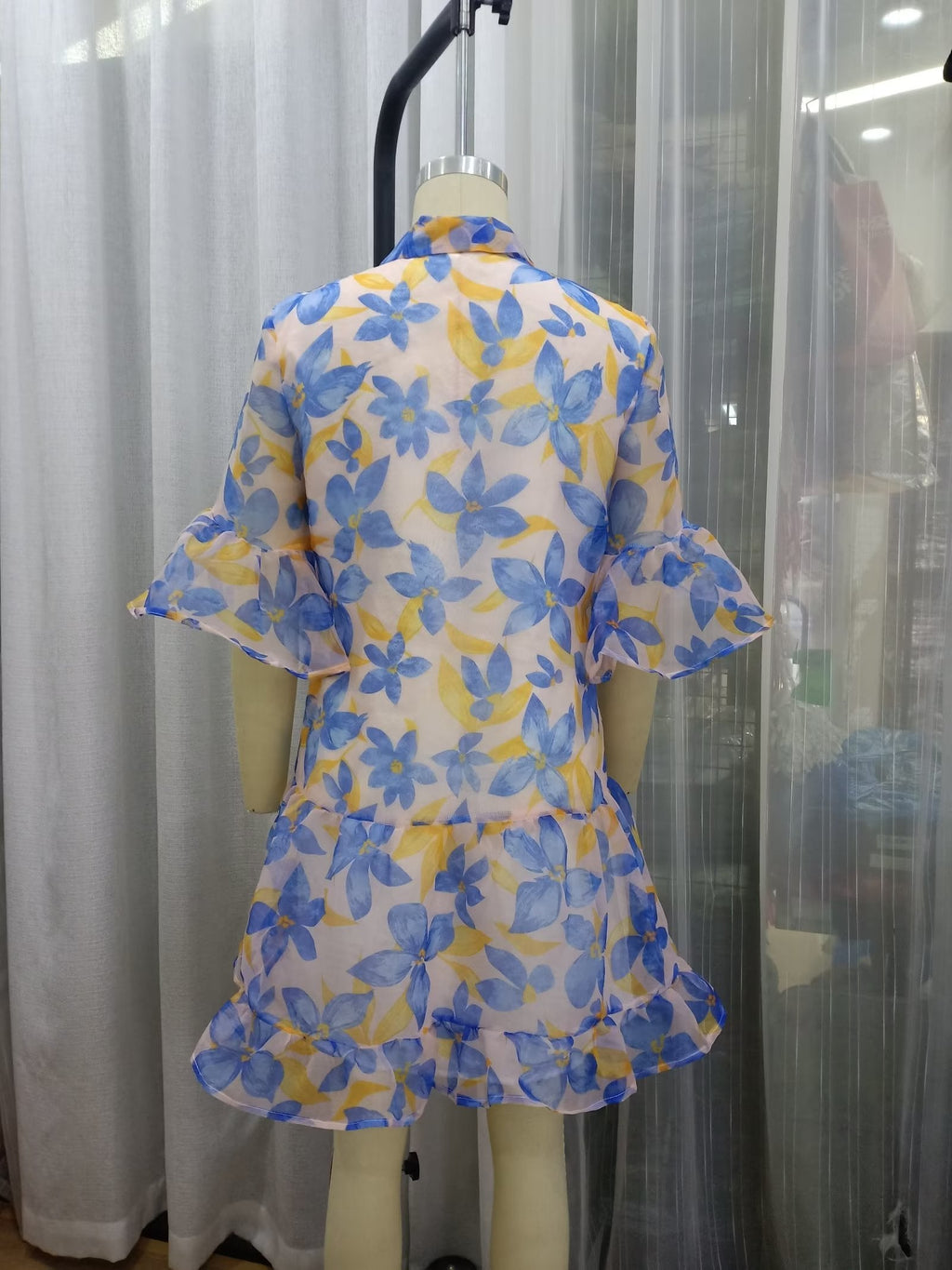 Women Spring Women Blue Big Floral Short Sleeve Dress
