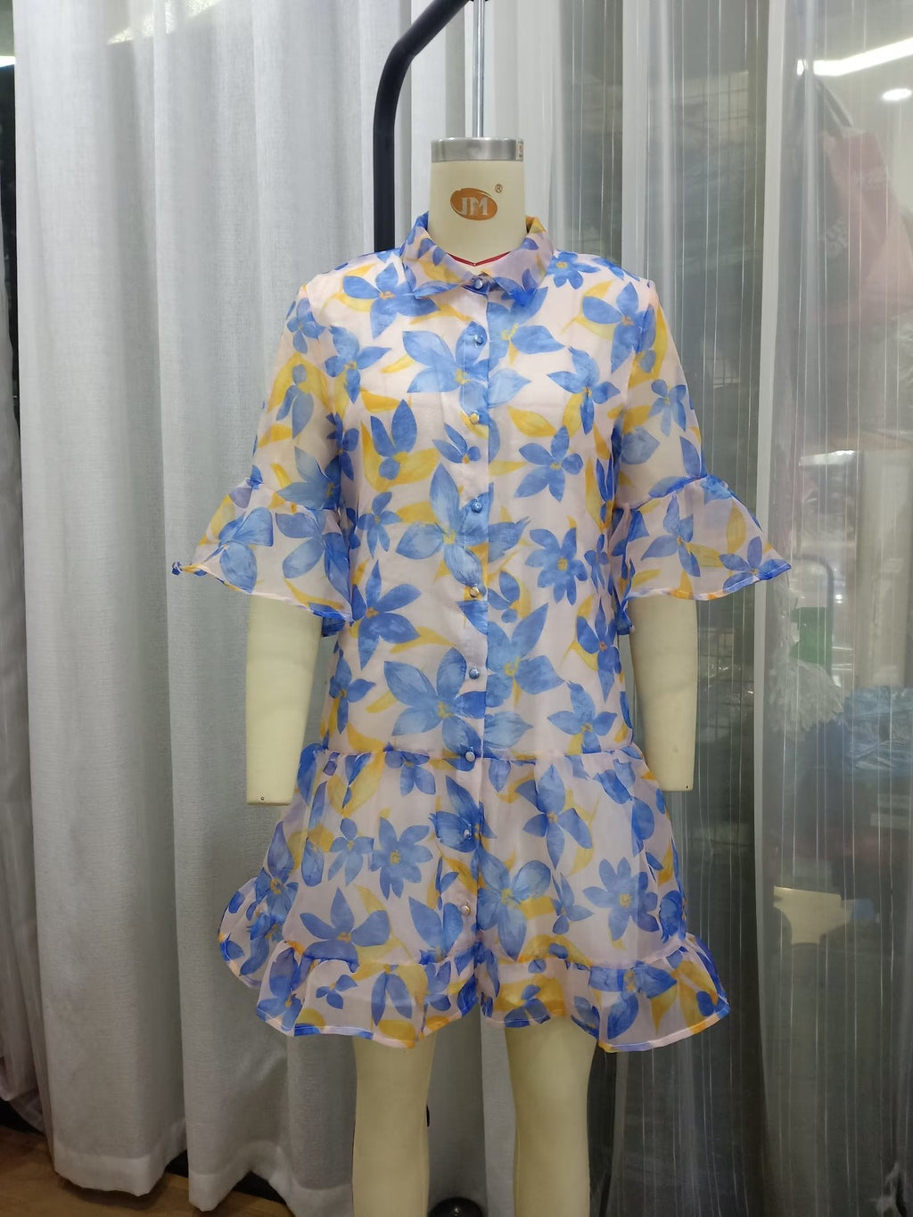 Women Spring Women Blue Big Floral Short Sleeve Dress