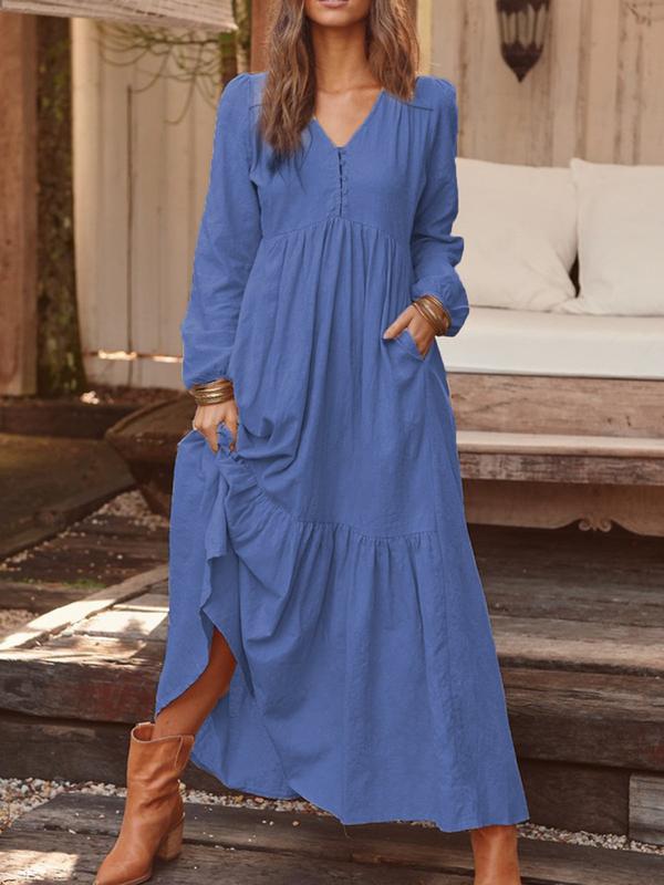 Autumn Winter Women Clothing Button Cotton Linen Retro Casual Long-Sleeved Dress Large Swing Dress Multi-Color