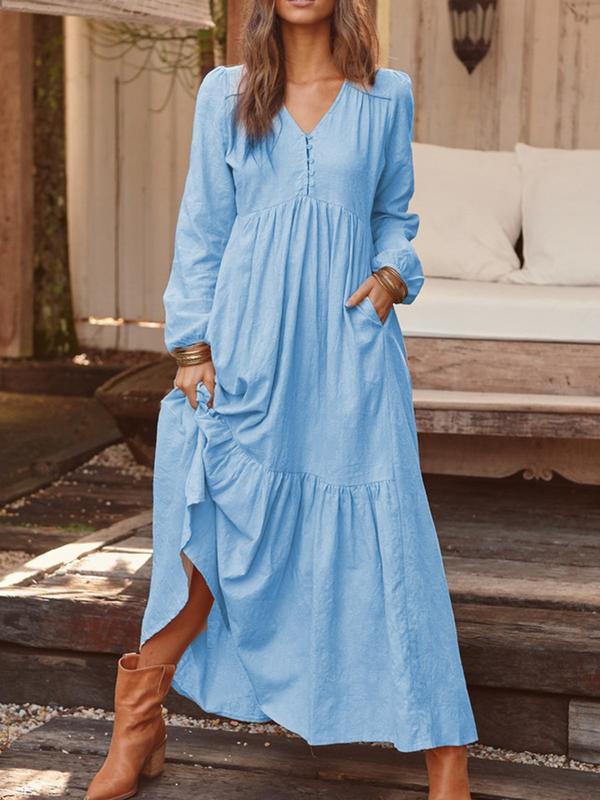 Autumn Winter Women Clothing Button Cotton Linen Retro Casual Long-Sleeved Dress Large Swing Dress Multi-Color