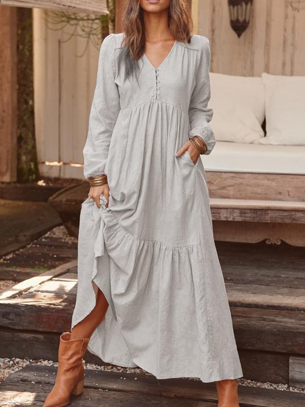 Autumn Winter Women Clothing Button Cotton Linen Retro Casual Long-Sleeved Dress Large Swing Dress Multi-Color