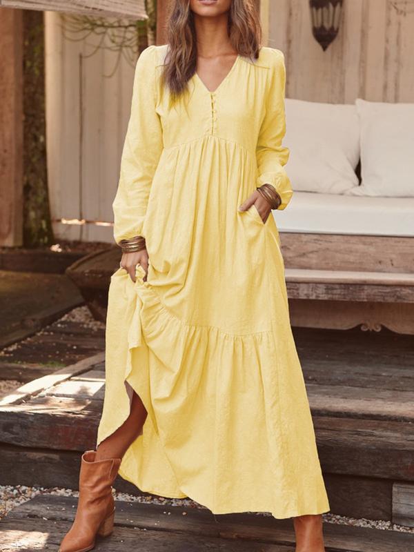 Autumn Winter Women Clothing Button Cotton Linen Retro Casual Long-Sleeved Dress Large Swing Dress Multi-Color