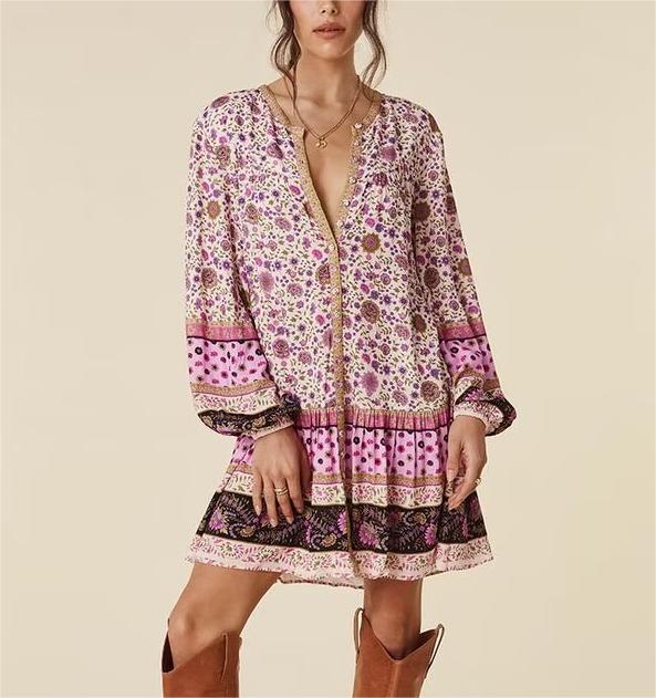 Watermark Positioning Floral Waistband Loose Mid Size Dress
