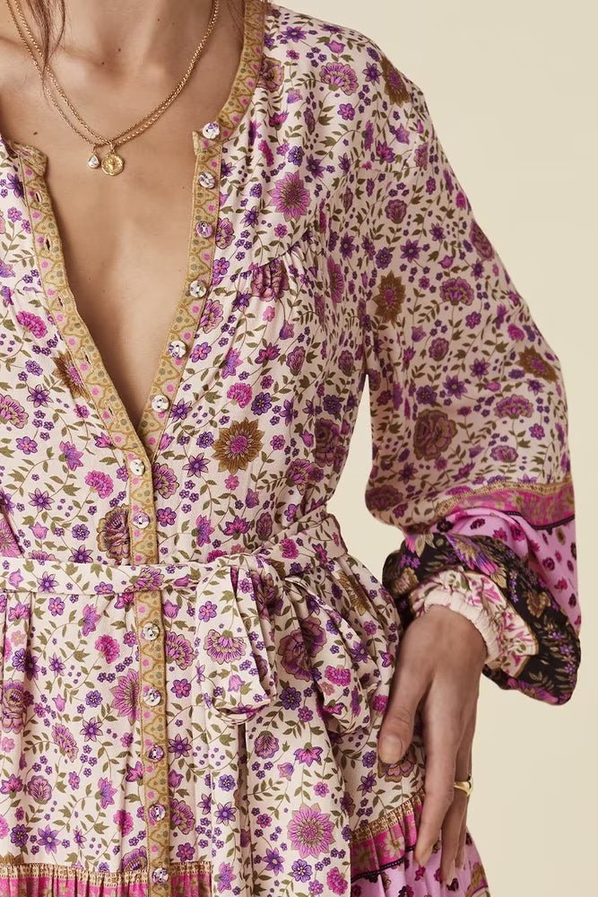Watermark Positioning Floral Waistband Loose Mid Size Dress