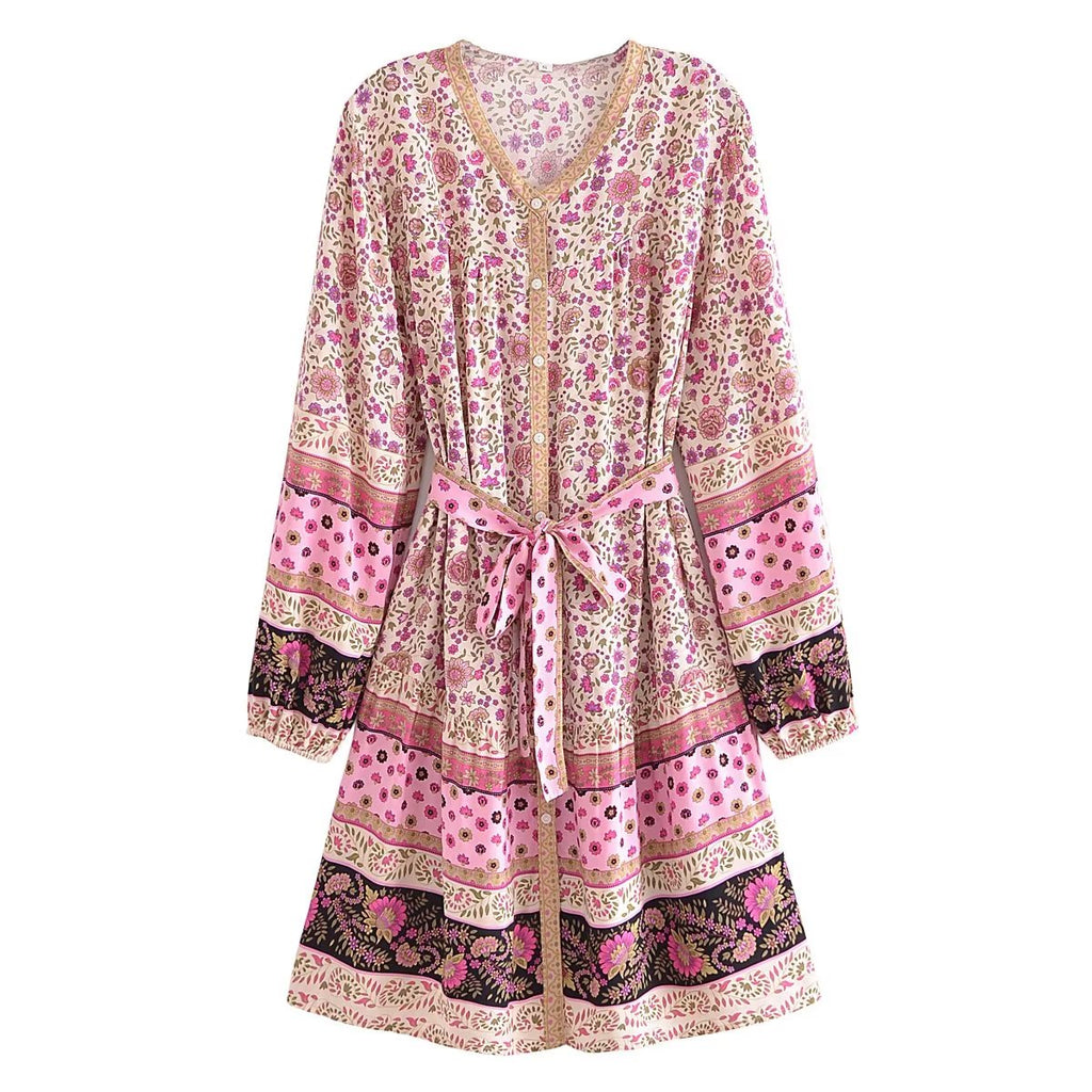 Watermark Positioning Floral Waistband Loose Mid Size Dress