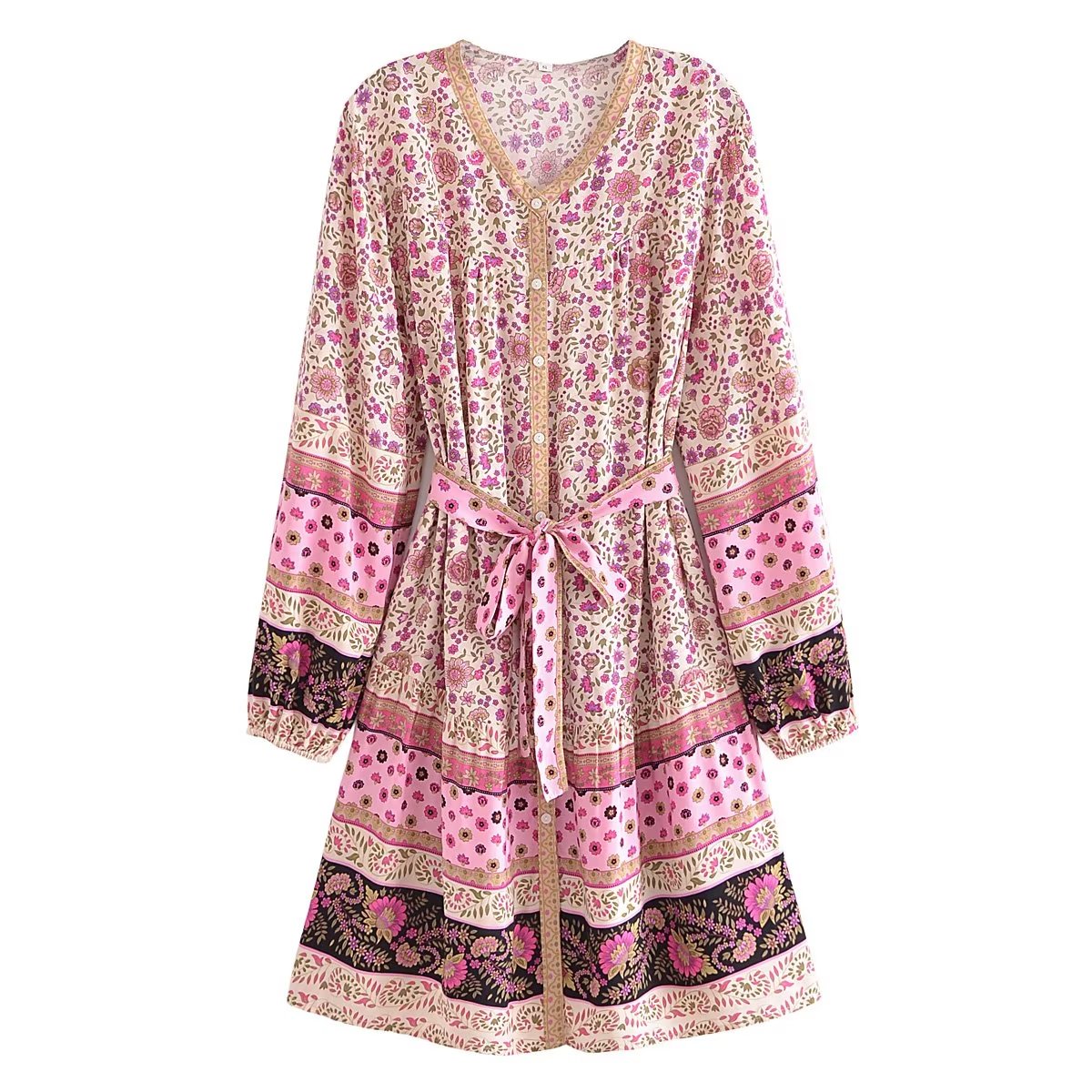 Watermark Positioning Floral Waistband Loose Mid Size Dress