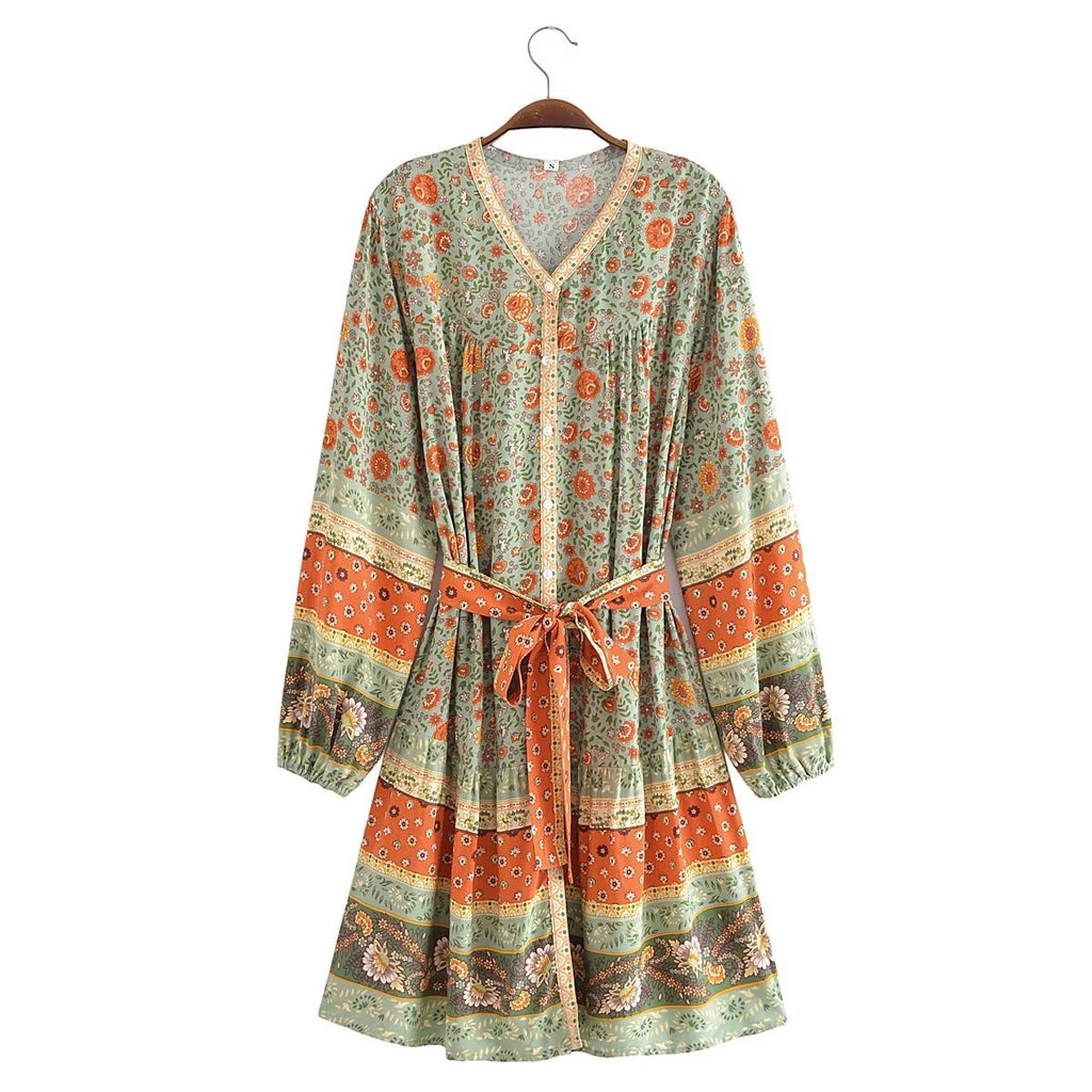 Watermark Positioning Floral Waistband Loose Mid Size Dress