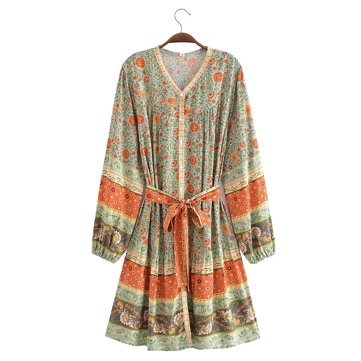 Watermark Positioning Floral Waistband Loose Mid Size Dress