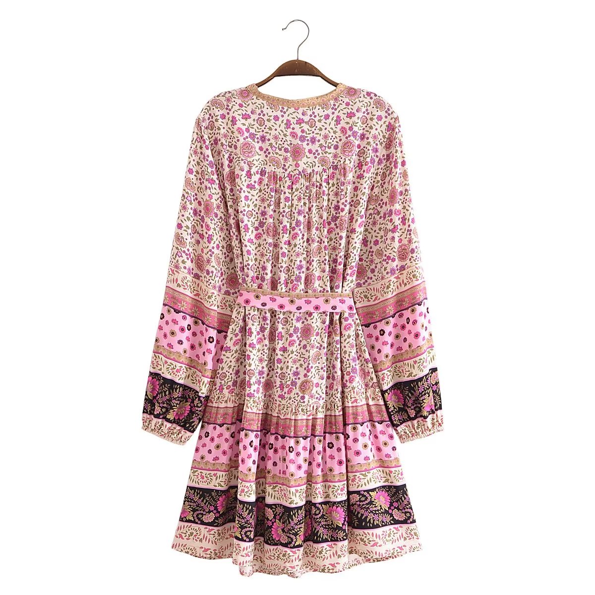 Watermark Positioning Floral Waistband Loose Mid Size Dress
