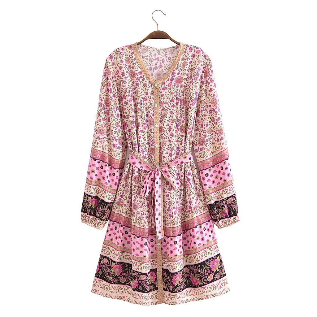 Watermark Positioning Floral Waistband Loose Mid Size Dress