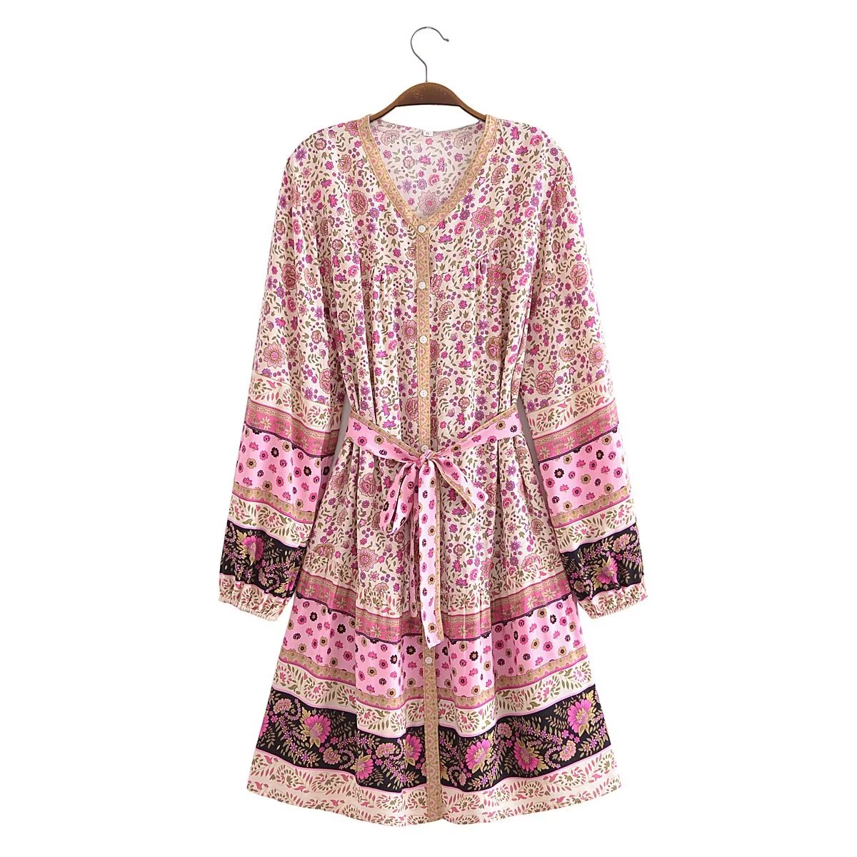 Watermark Positioning Floral Waistband Loose Mid Size Dress