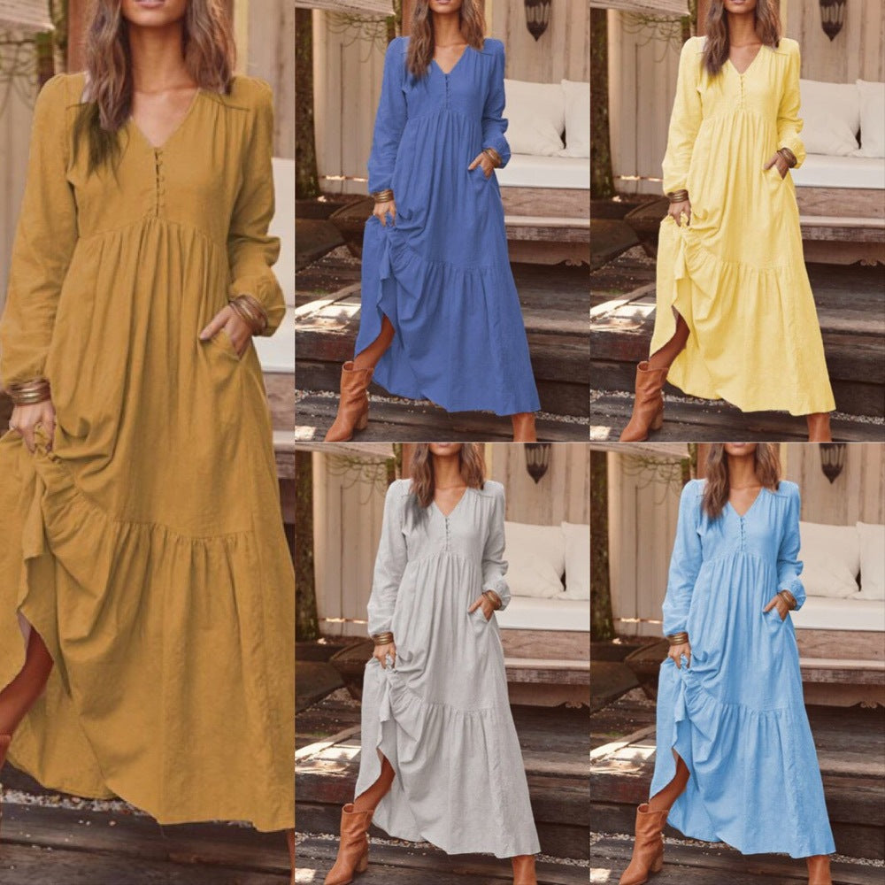 Autumn Winter Women Clothing Button Cotton Linen Retro Casual Long-Sleeved Dress Large Swing Dress Multi-Color
