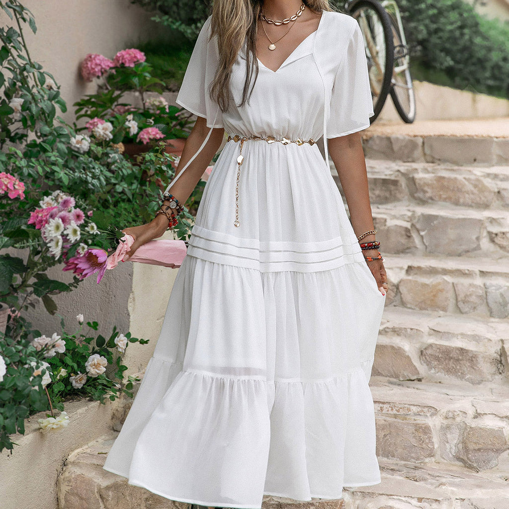 Mixed Elegant Princess French Royal Pure White Waist Drawstring Slimming Nightdress Dress