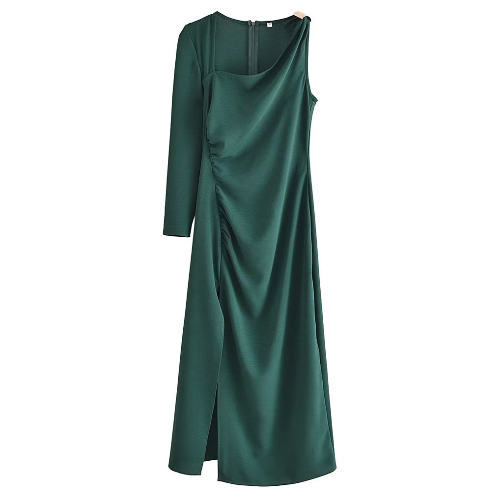 Women Elegant Tint Metal Ornament Asymmetric Dress