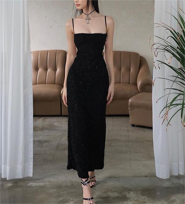 Sexy Suspenders Backless Thin Glittering Hollow Out Cutout Dress Summer Sexy High Grade Dress for Women