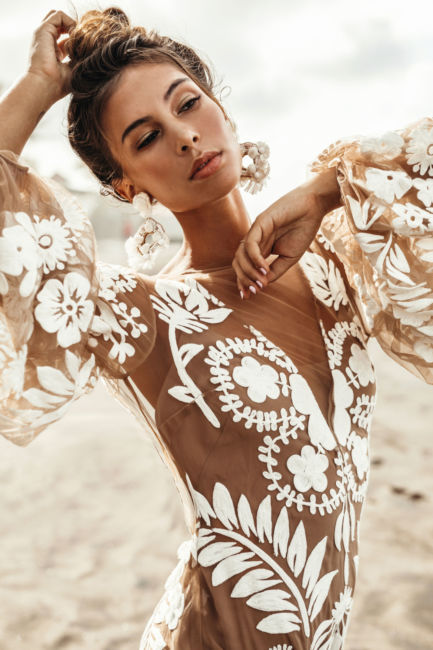 Women Clothing Deep V Plunge Mesh Embroidered Puff Sleeve Backless Dress