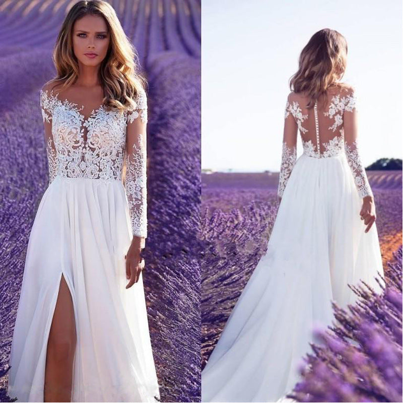 Women Clothing Long Sleeve See Through Lace Wedding Dress Bridesmaid Dress Split Dress